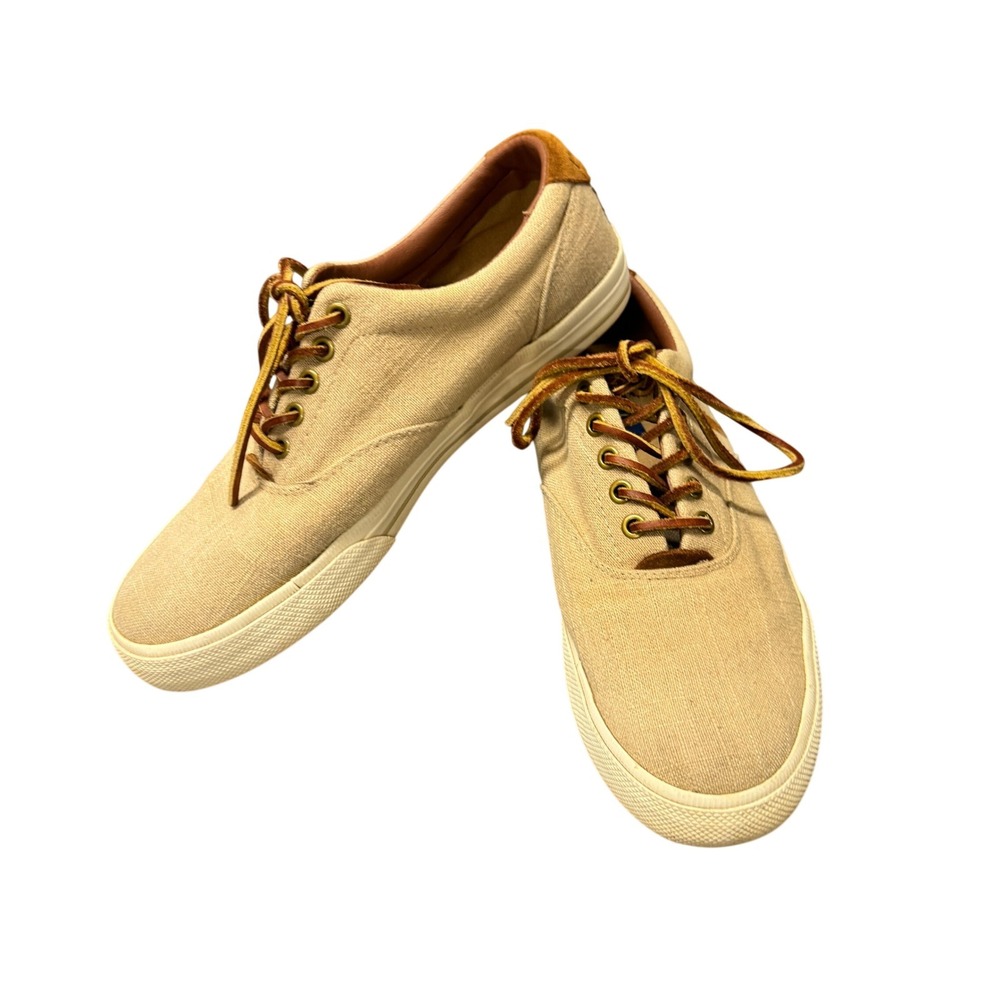 Polo Ralph Lauren Sneakers Mens‎ 8.5 D Vaughn Flax Linen Suede Tan Brown Preppy